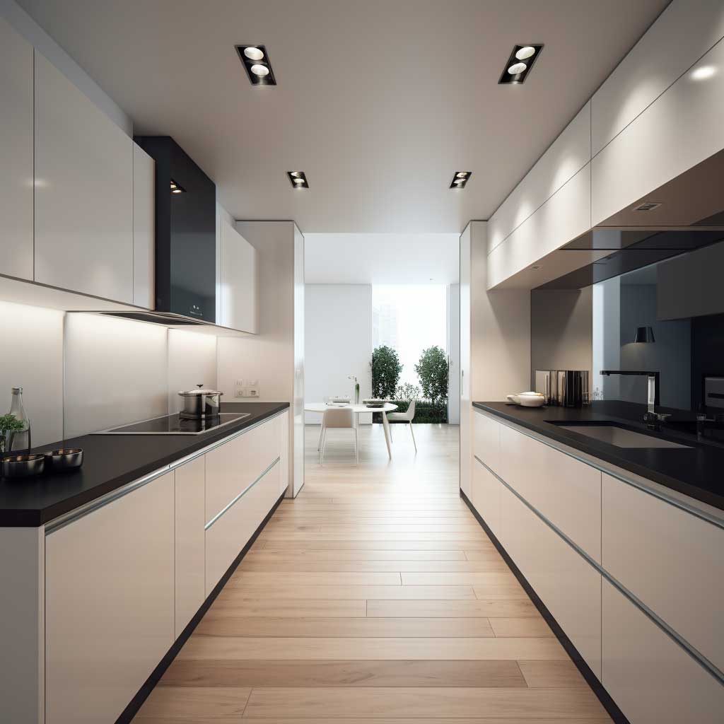 An image showcasing a parallel kitchen with sleek, symmetrical cabinetry and modern appliances, embodying a minimalist yet functional design.