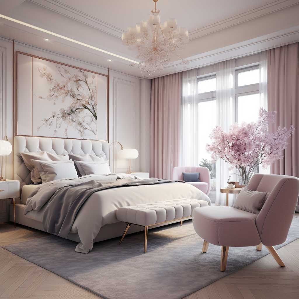 An elegantly furnished bedroom dominated by pastel tones, seamlessly blending modern furnishings with soft, inviting colors.