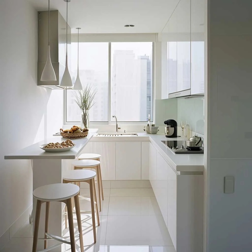 A small kitchen space where minimalist magic unfolds, featuring a clean and uncluttered layout, efficient use of vertical space, and a light color palette that enhances the sense of openness in a modern, streamlined setting.