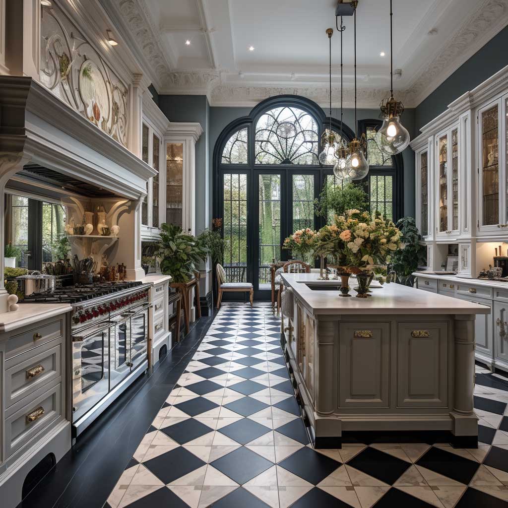 This image showcases a Victorian kitchen transformed with modern design elements like sleek countertops and state-of-the-art appliances, juxtaposed against classic Victorian tiled floors and ornate cabinetry.