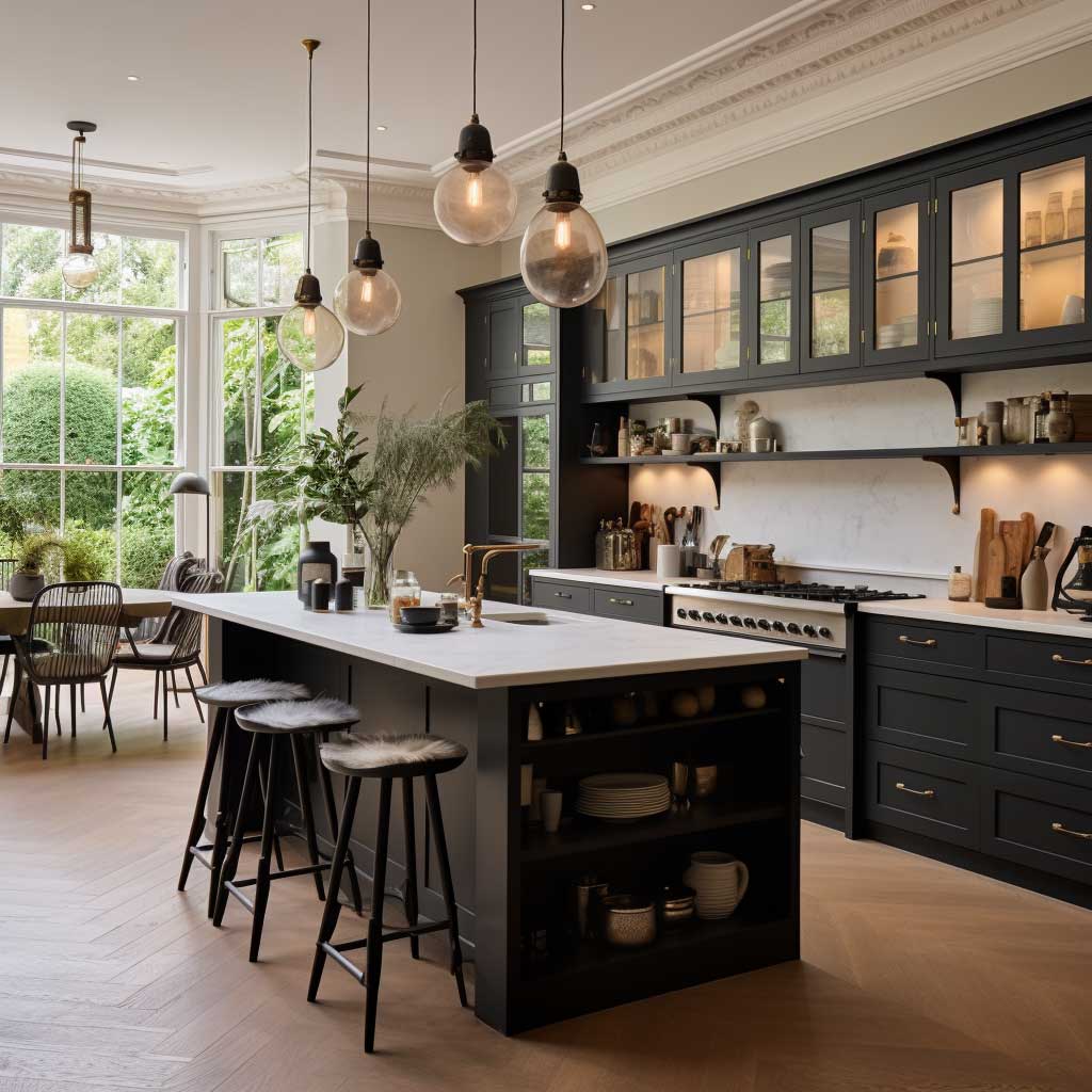 A kitchen that breathes new life into Victorian aesthetics with modern touches, featuring an open-plan layout, contemporary lighting, and minimalist decor, all while preserving key Victorian design elements.