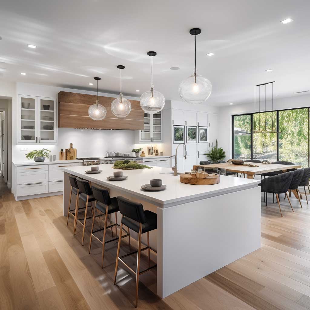 The photo features a spacious white kitchen that perfectly balances modern design with cozy elements, showcasing an inviting island and innovative lighting solutions.