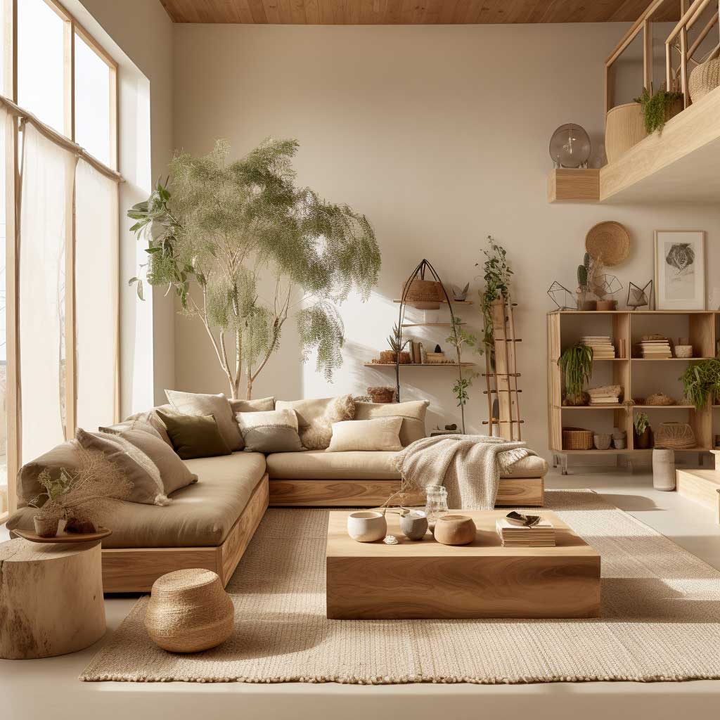 An eco-conscious living room highlighting sustainable materials and earthy colors, embodying the environmentally friendly aspect of Muji style design.