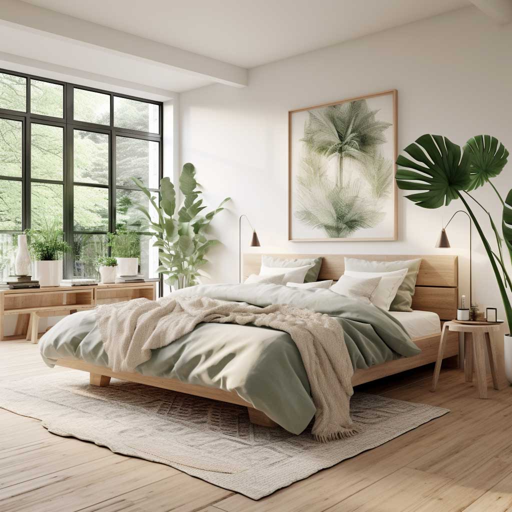 A Scandinavian bedroom infused with natural elements, showcasing wooden accents, plants, and earthy tones to create a harmonious and organic ambiance.