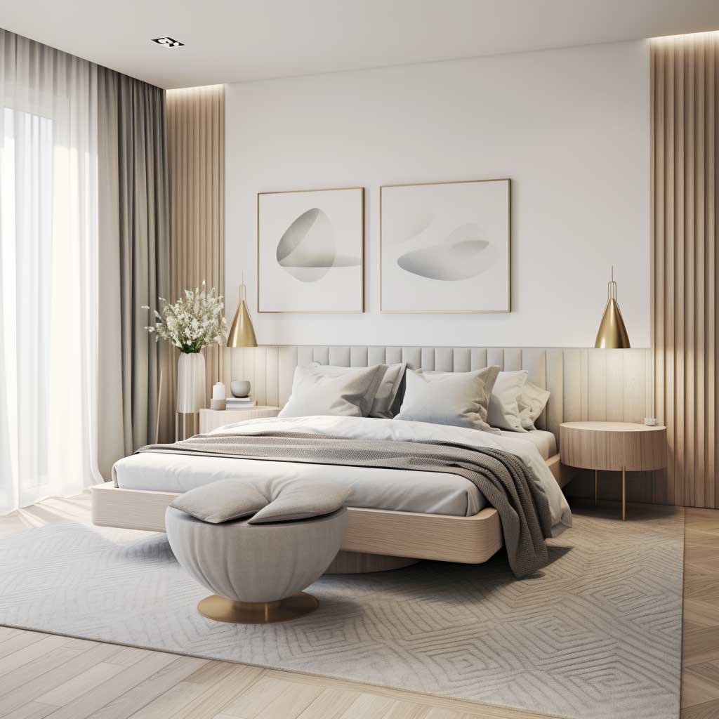 A stylish bedroom that combines Scandinavian simplicity with chic decorative accents, creating a harmonious balance between modern elegance and cozy comfort.