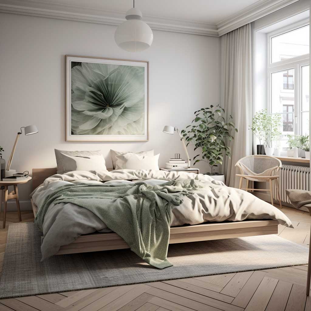 A soothing bedroom showcasing the quintessential elements of Scandinavian design: muted colors, natural light, and minimal decor for a peaceful retreat.