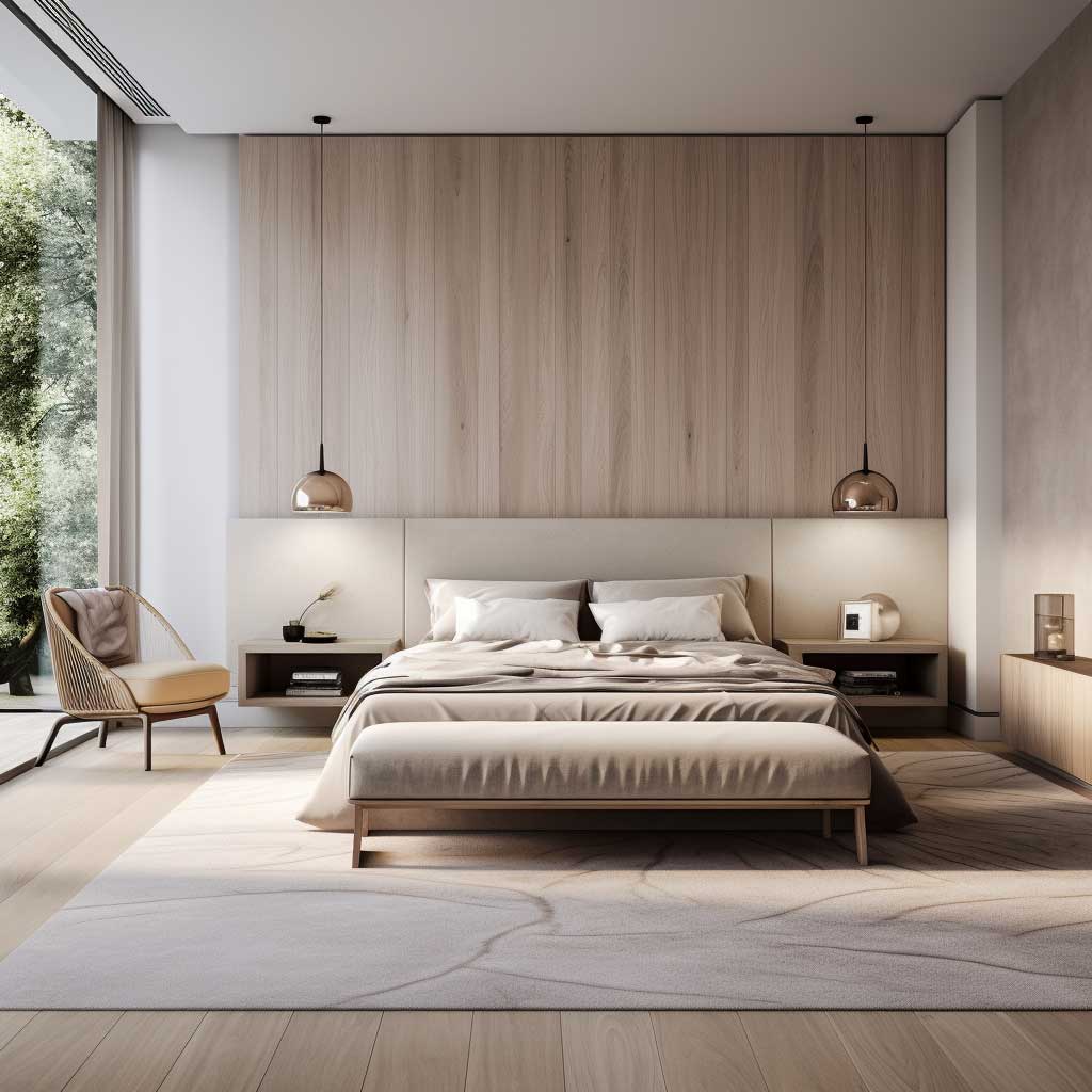 A bedroom that exemplifies minimalist elegance, featuring clean lines, a neutral color palette, and clutter-free surfaces. The image should convey a serene and sophisticated atmosphere, highlighting the beauty of simplicity in bedroom interior design.
