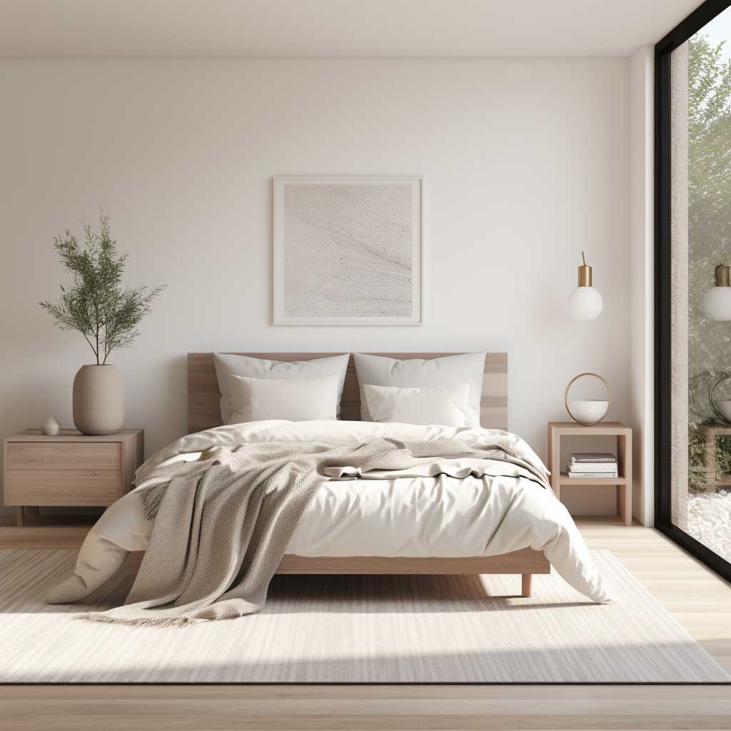 An image depicting a serene and simple bedroom space, where understated decor meets functional design. The focus should be on a harmonious color scheme, natural light, and a few well-chosen decorative elements that contribute to a peaceful and elegant bedroom environment.