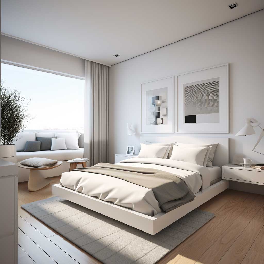 A small bedroom interior exemplifying sleek minimalism, featuring clean lines, a monochromatic color scheme, and clutter-free design for a modern and spacious feel.