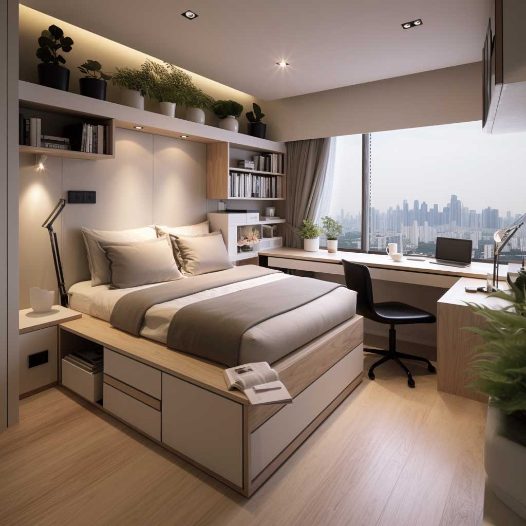 An efficiently designed small bedroom with multifunctional furniture, such as a bed with built-in storage or a convertible desk area, maximizing utility in a compact area.