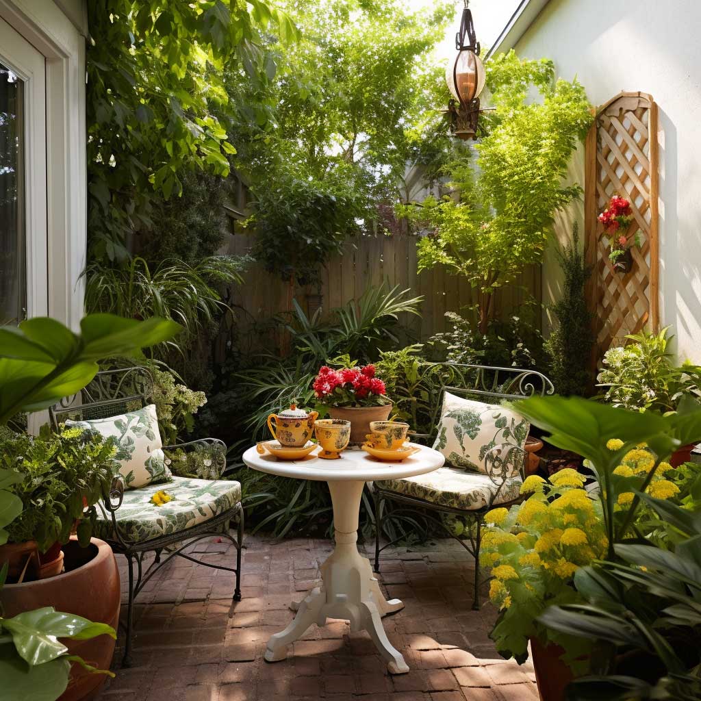 Experience the serene beauty of a small patio transformed into a botanical haven, where a variety of plants create a tranquil, inviting atmosphere.