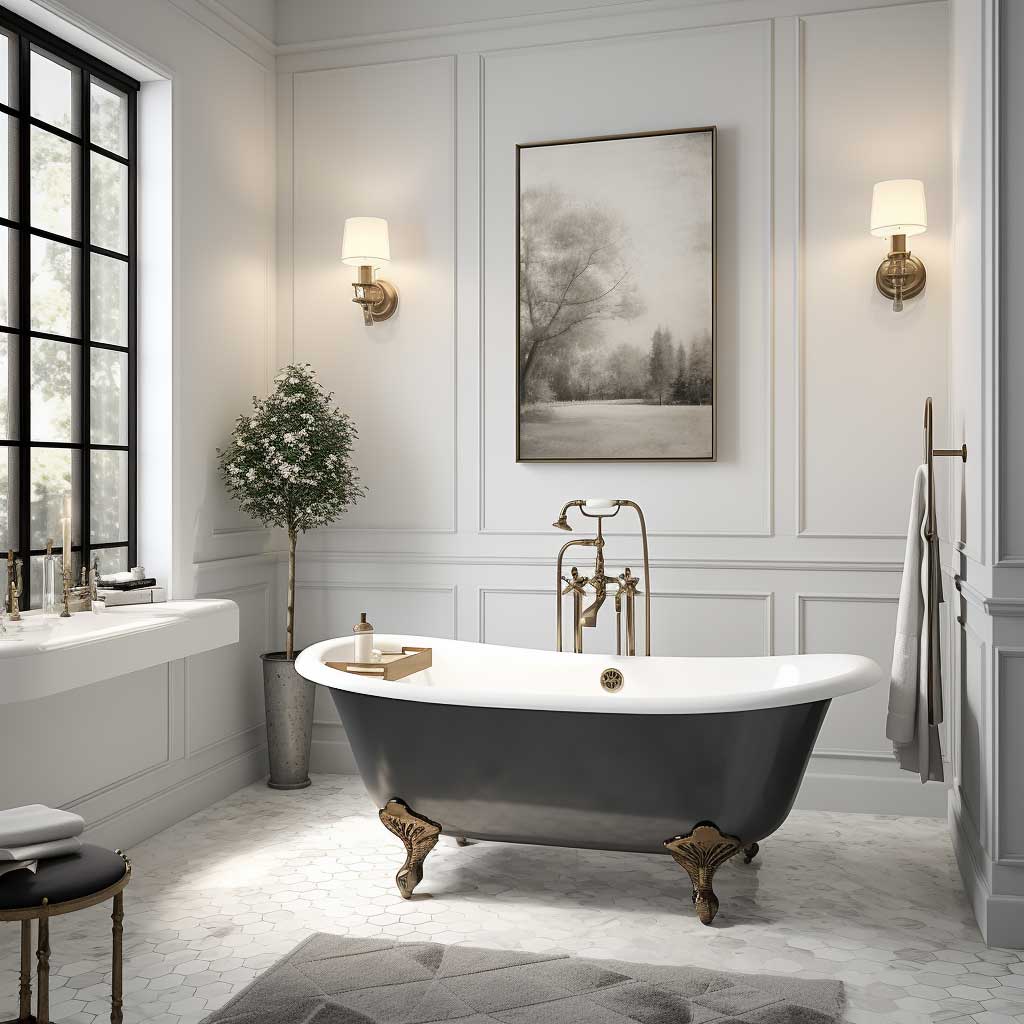 A beautifully designed traditional bathroom showcasing a clawfoot tub juxtaposed with sleek, modern fixtures, illustrating the harmonious blend of old-world charm and contemporary practicality.