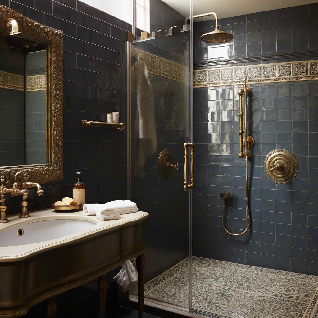 An elegant traditional bathroom featuring intricate tile work and antique brass fittings, paired with a state-of-the-art shower system, embodying the perfect marriage of traditional craftsmanship and modern technology.