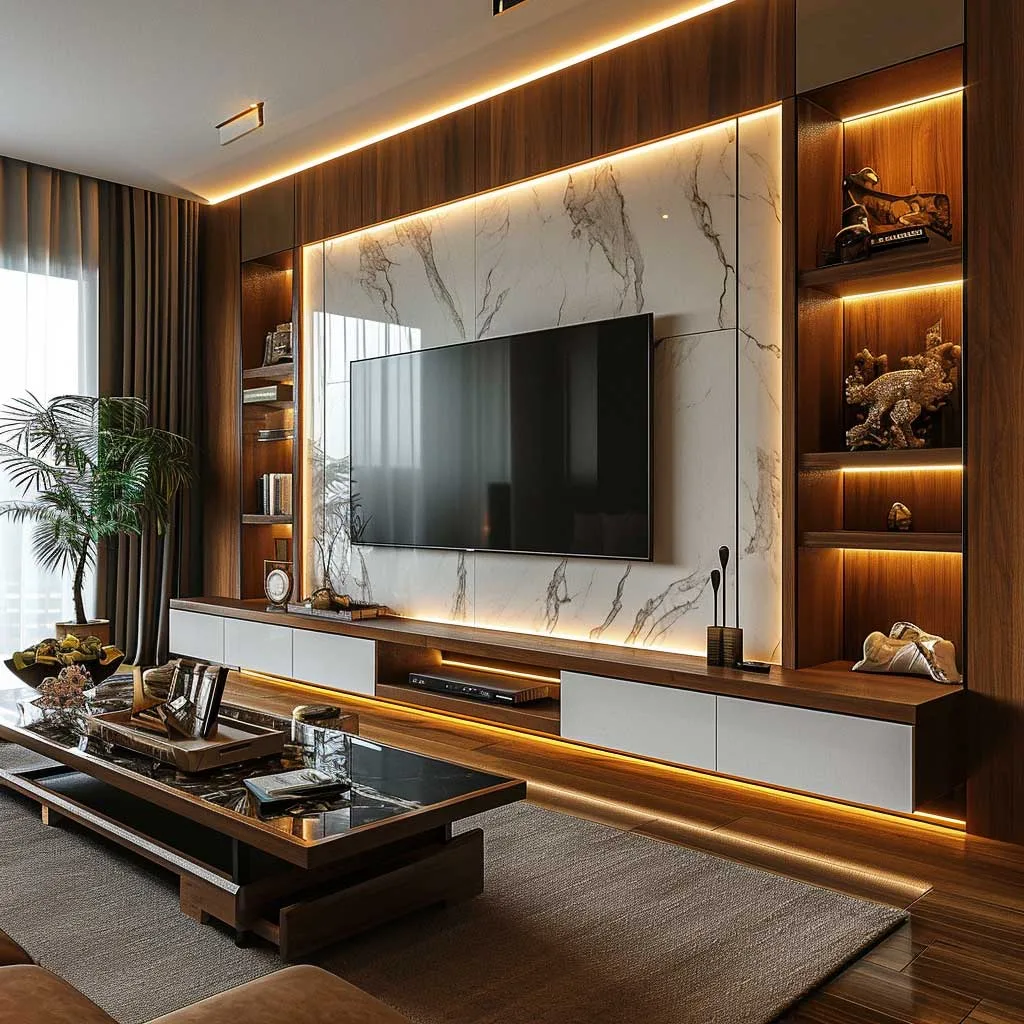 A contemporary living room showcasing a fusion-style TV wall panel design, combining wood and metal elements, integrated shelving units, and ambient lighting to create a modern yet warm viewing experience.