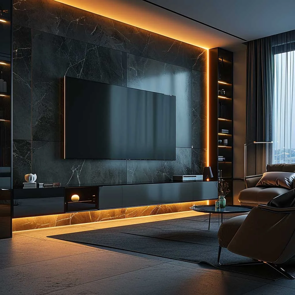 A cutting-edge TV wall panel design in a high-tech living room, featuring integrated smart technology, hidden wiring, and a customizable LED lighting system for a sleek and futuristic look.