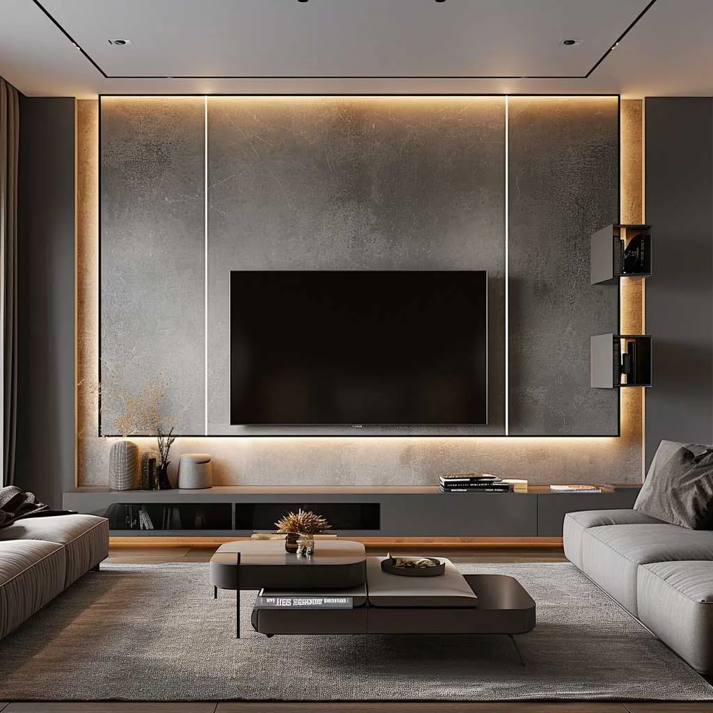 A minimalist and elegant TV wall panel design in a modern living room, featuring a sleek, flat panel mounted on a simple, yet stylish, backdrop with subtle lighting and neutral color tones.