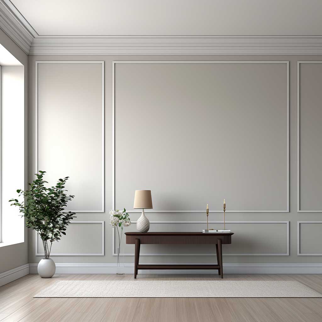 Image of a sleek, minimalist wainscoting in a contemporary room, highlighting clean lines, subtle colors, and a smooth finish for a modern and sophisticated interior design approach.