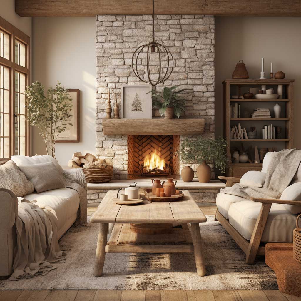 A cozy living room showcasing rustic vintage elements, with a focus on natural materials and warm, earthy tones.