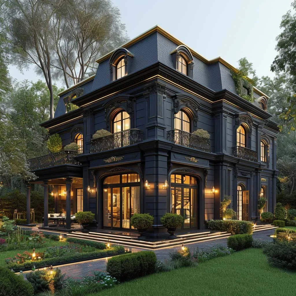 A luxurious home exterior showcasing a harmonious blend of deep ebony walls with tasteful champagne gold accents, set in a beautifully landscaped garden.