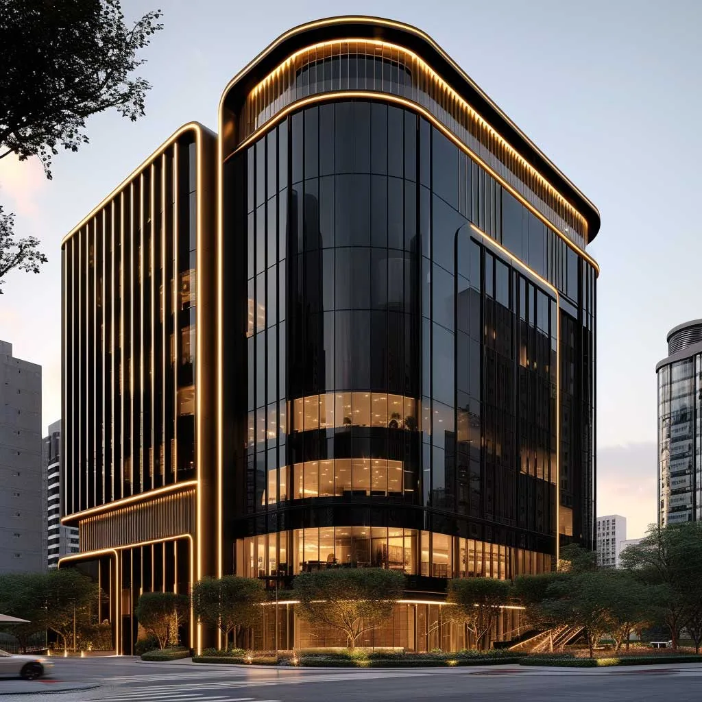 A sophisticated commercial building exterior that artfully combines sleek ebony panels with striking champagne gold elements, standing out in a modern cityscape.