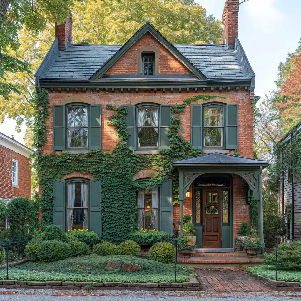 Rustic Red Brick Harmonized with Sage Green for Traditional Home Appeal