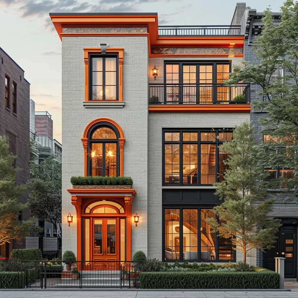 An urban modern classic townhouse with a striking exterior combining tangerine orange and cream. The front facade features cream-colored brickwork with orange window frames and a small balcony with orange railings, set against a bustling city backdrop.