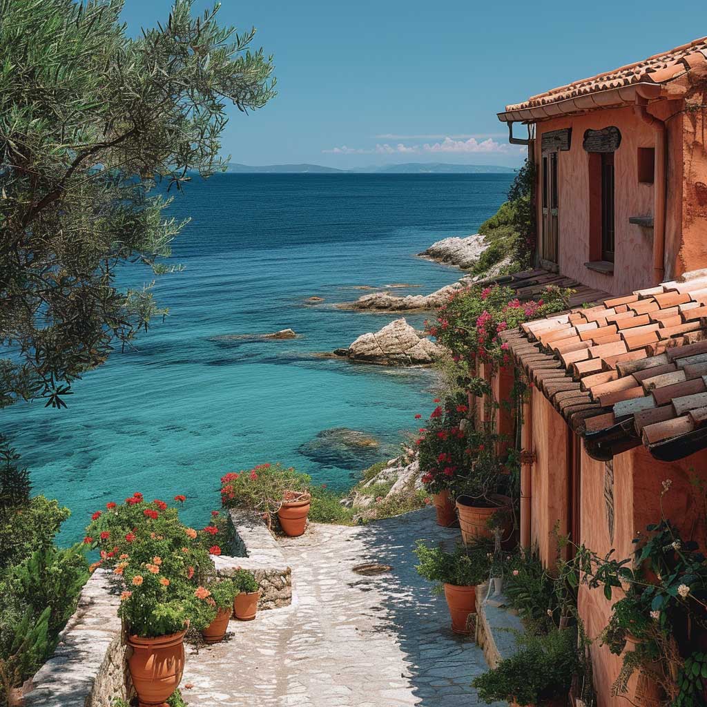 A beautiful Mediterranean villa with sun-kissed terracotta walls, nestled by the turquoise sea. The scene is set during a bright sunny day with clear skies, highlighting the villa's rustic charm and the serene beauty of the surrounding waters.