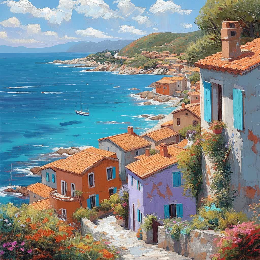 Picture a coastal haven where turquoise and terracotta colors harmonize beautifully. This scene includes a panoramic view of a Mediterranean coastline, with homes featuring terracotta roofs and turquoise shutters, set against the backdrop of a sparkling sea.