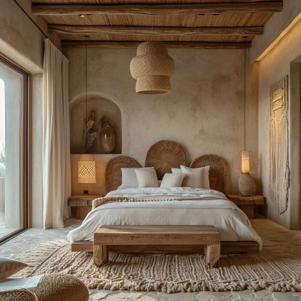 A bedroom that captures the essence of artisan interior design, highlighting a hand-carved wooden bed, artisan-woven linens, bespoke lighting fixtures, and a harmonious blend of textures and soft, natural tones.