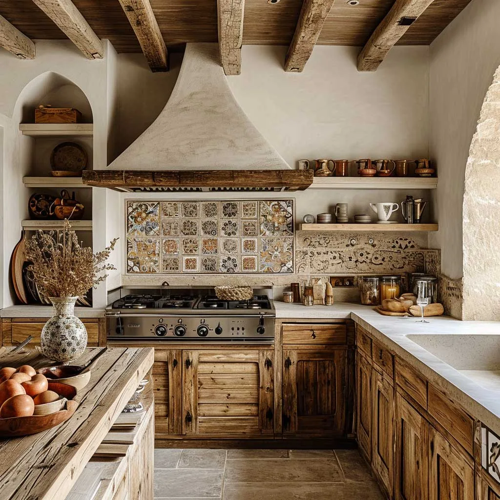 A kitchen space that embodies artisan interior design, featuring rustic wooden cabinetry, hand-painted tiles, artisanal pottery and utensils, with a focus on natural materials and traditional craftsmanship.