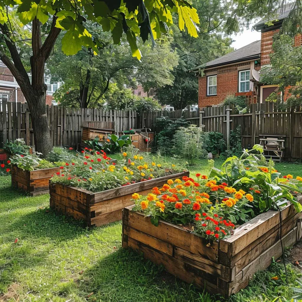 A photo illustrating a backyard garden with DIY raised garden beds made from affordable materials like repurposed wood or cinder blocks. The garden beds are filled with colorful flowers and vegetables, demonstrating an economical and practical aspect of backyard renovations.