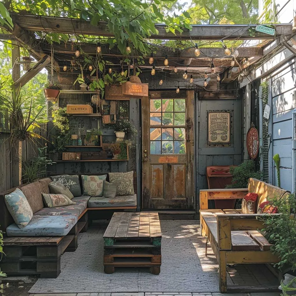An image showcasing a creatively renovated backyard featuring upcycled furniture. The scene includes repurposed pallets turned into seating, an old door transformed into a rustic table, and various reclaimed items artfully used as garden decor, embodying a budget-friendly and eco-conscious approach to backyard renovations.