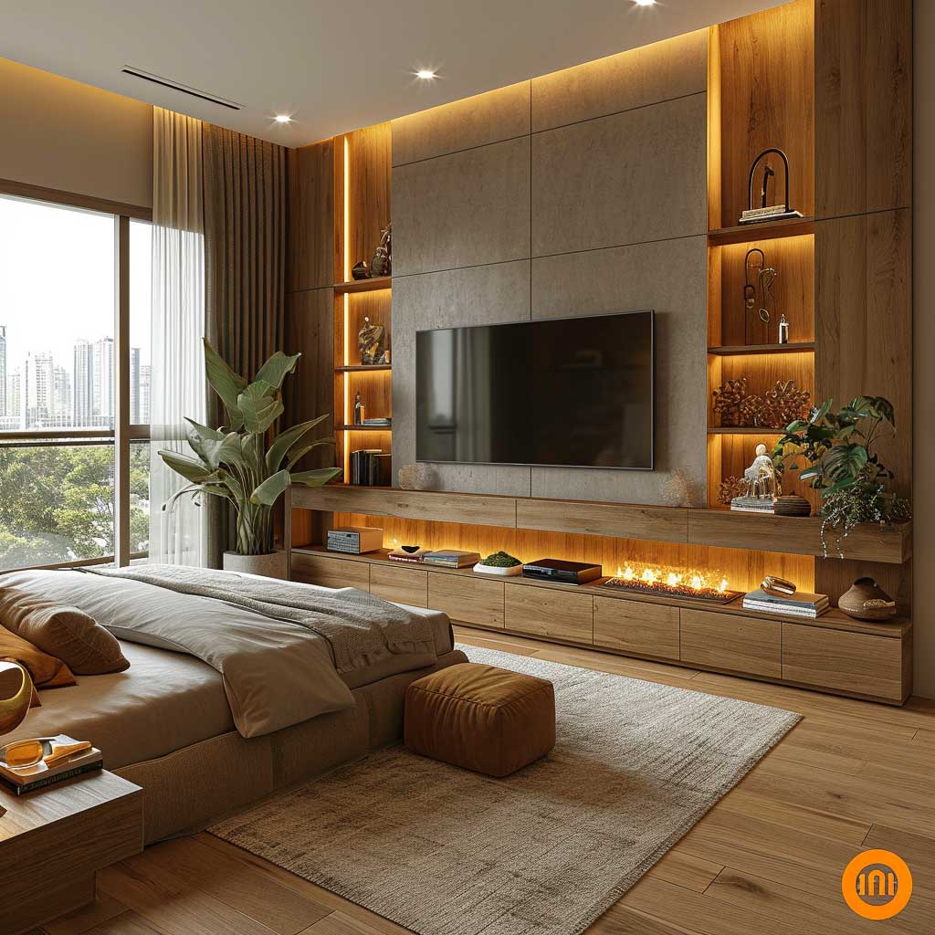 A modern bedroom showcasing a minimalist bedroom TV unit panel design, featuring clean lines and a neutral color palette, perfectly blending with the room's contemporary decor.