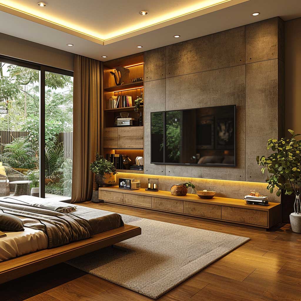 A bedroom with a sleek TV unit panel design, incorporating warm wooden accents, demonstrating a harmonious blend of modern and natural elements in the decor.
