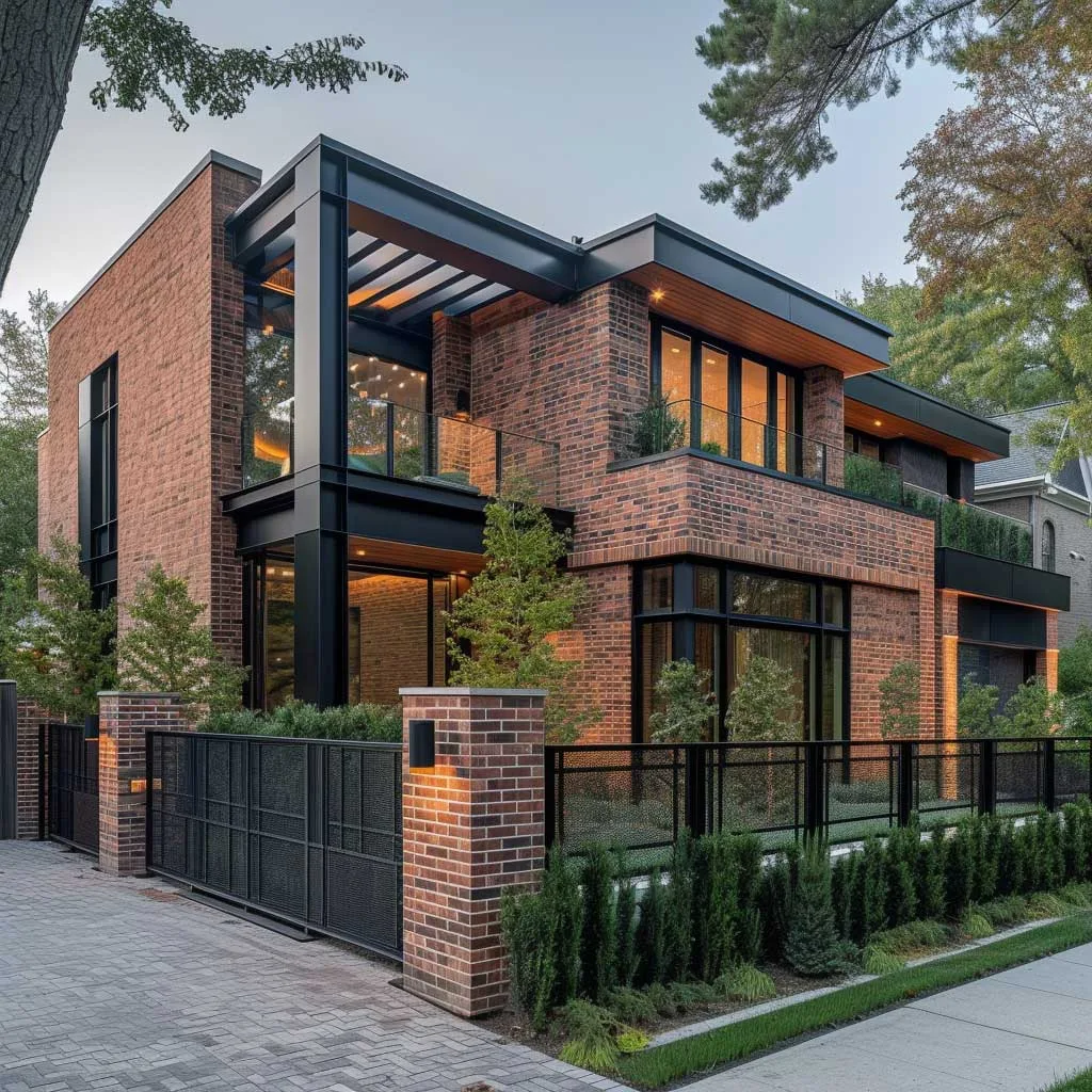 A chic urban residence featuring a modern brick fence with sleek, linear patterns and a minimalist color palette, emphasizing a sophisticated and stylish exterior design.