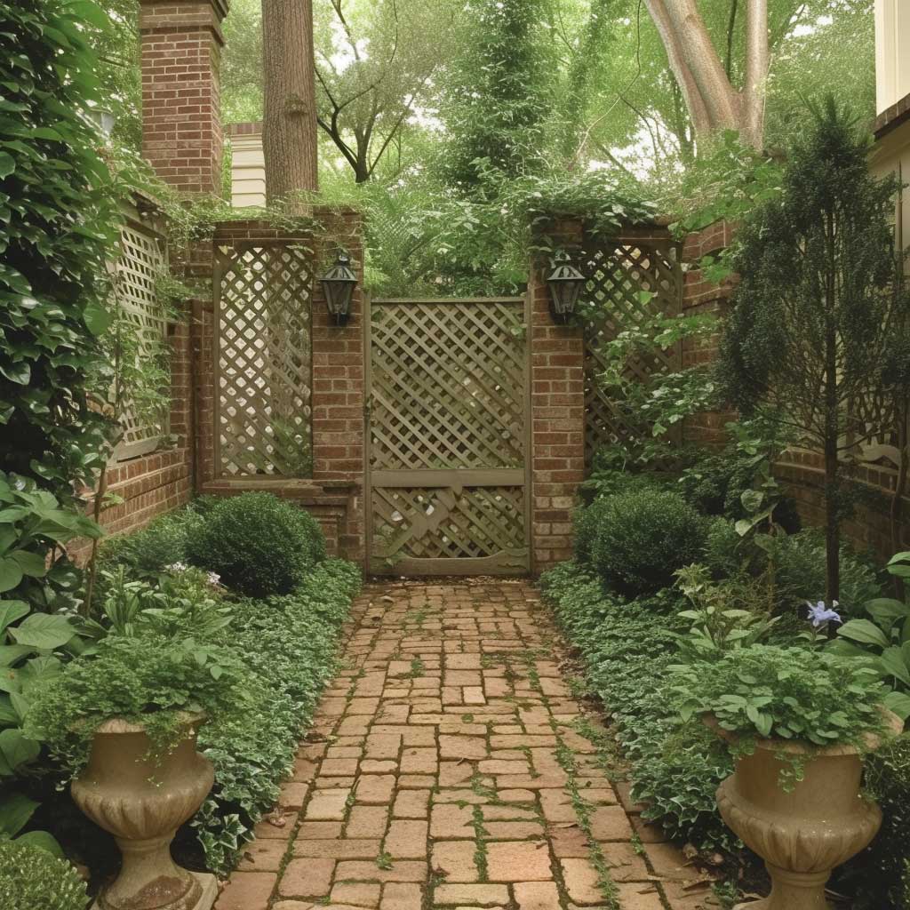 An elegant garden surrounded by a brick fence with intricate lattice patterns and soft, earthy tones, highlighting the harmony between natural greenery and crafted masonry in a serene outdoor space.
