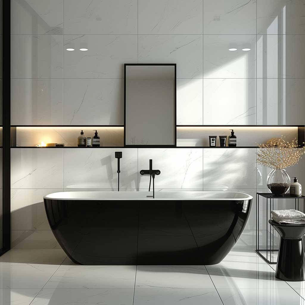 A sophisticated bathroom featuring elegant black and white tiles. The image showcases a luxurious bathtub, sleek black fixtures, and a large mirror reflecting the classy black and white bathroom decor. The room is adorned with minimalist accessories, enhancing the modern yet timeless appeal.