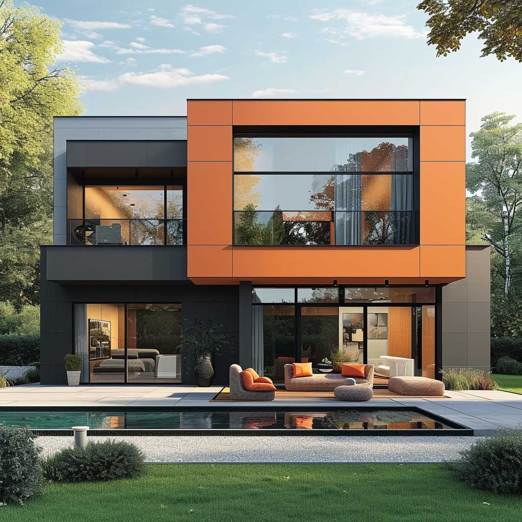 A depiction of a modern home exterior with chic and trendy color combinations. This image should illustrate how innovative and unconventional color pairings can create a visually striking and stylish modern home exterior.