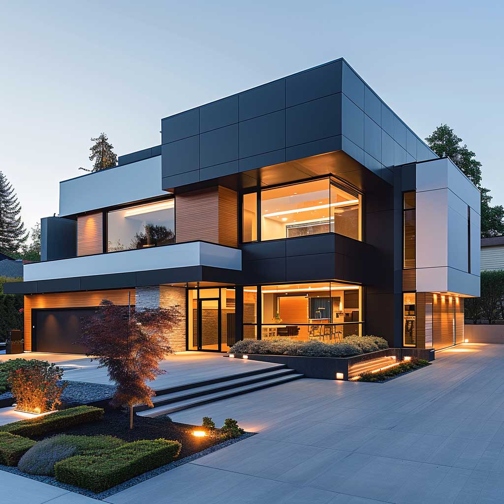 An image of a contemporary home exterior, where elegant and sophisticated color schemes bring out the sleekness of the design. The focus is on subtle yet bold colors that complement the modern lines and structures of the home.