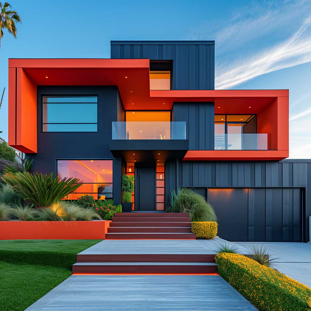 A modern home exterior showcasing vibrant and bold color schemes, with a focus on high-contrast hues that accentuate architectural features. The image should highlight a harmonious blend of colors that enhances the home's contemporary design.