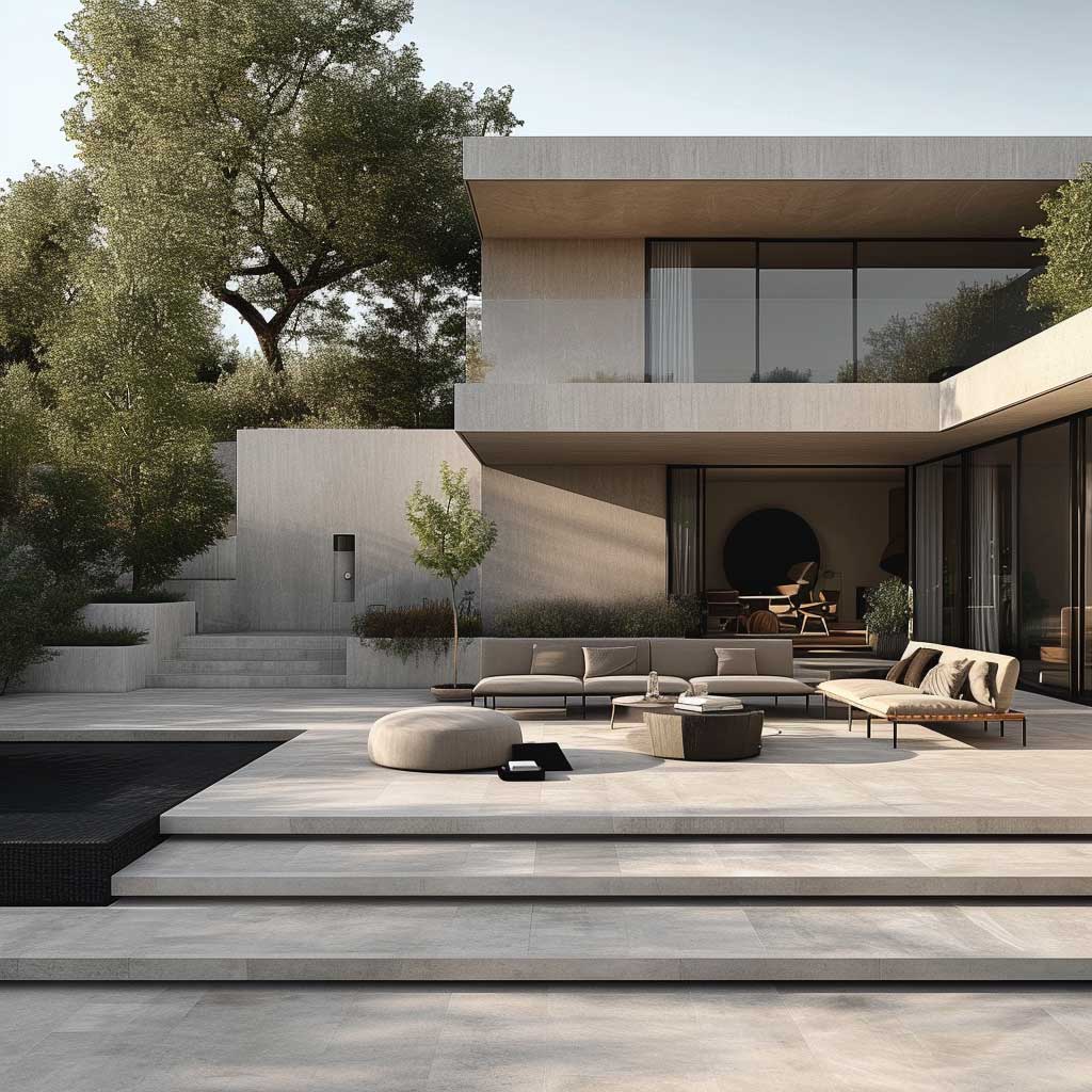 A photo of a minimalist concrete slab patio, embodying sleek lines and a clean, uncluttered look. The patio features simple yet elegant furniture, with an emphasis on neutral colors and straightforward designs that highlight the smooth texture and solid feel of the concrete slab.