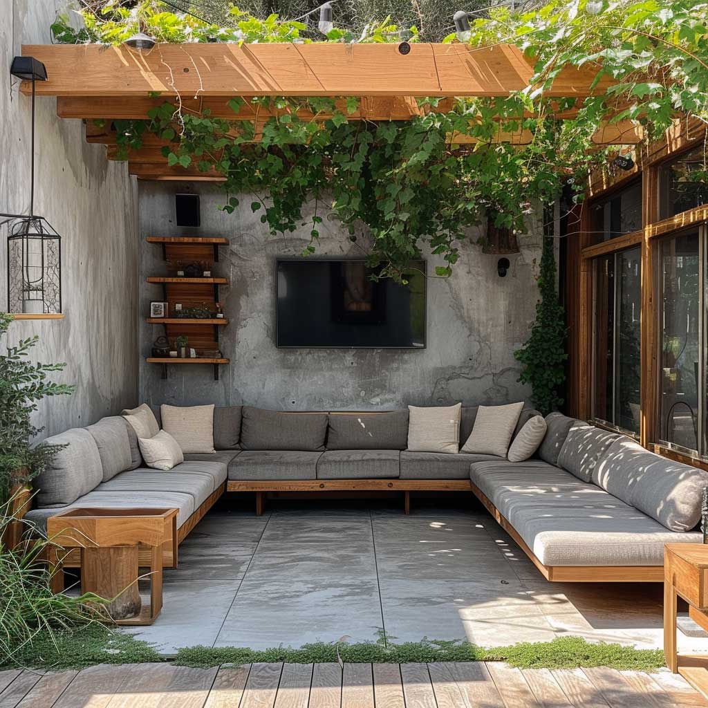 An image showcasing a concrete slab patio with rustic decor elements. The design integrates weathered wood furniture, vintage accessories, and greenery, contrasting the modernity of the concrete with warm, earthy tones and textures, creating a cozy and inviting outdoor space.