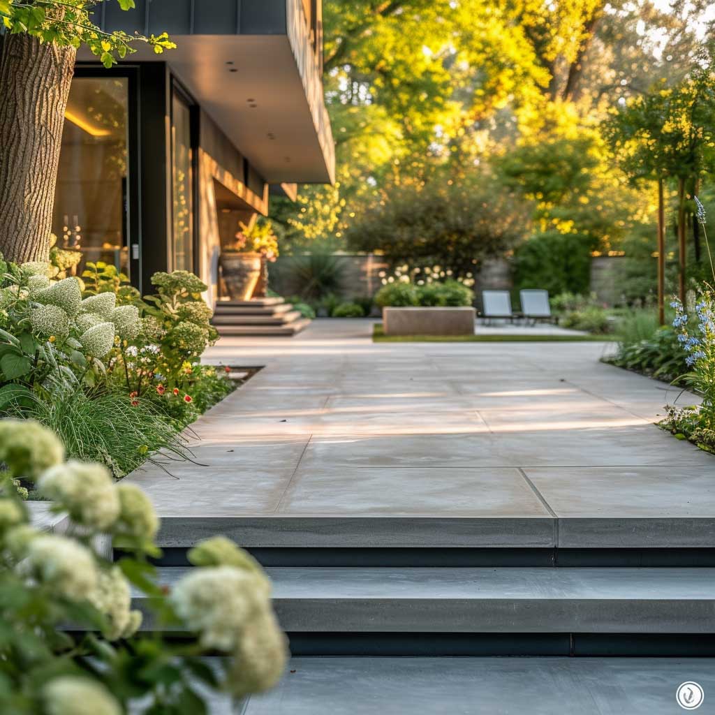 A serene concrete slab patio surrounded by lush landscaping, including flowering plants and shrubs. The focus is on the harmonious blend of natural greenery with the smooth, gray tones of the concrete, offering a tranquil and balanced outdoor retreat.