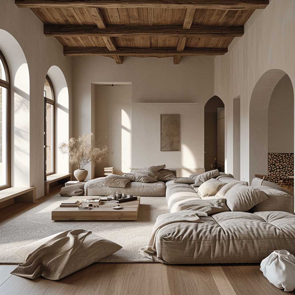 Picture a living room where serenity and style converge. The image should capture the essence of a cozy minimalist living room, highlighting the use of natural light, soft textures, and a limited color scheme to create a peaceful, stylish, and functional space.