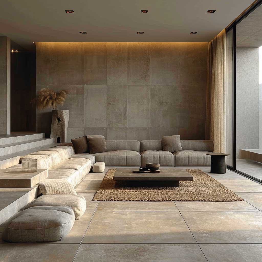 Envision a living room that perfectly blends warmth with a minimalist design. The photo should depict a cozy minimalist living room, showcasing a soothing color palette, plush seating, streamlined furniture, and subtle decorative elements that create a welcoming yet uncluttered space.