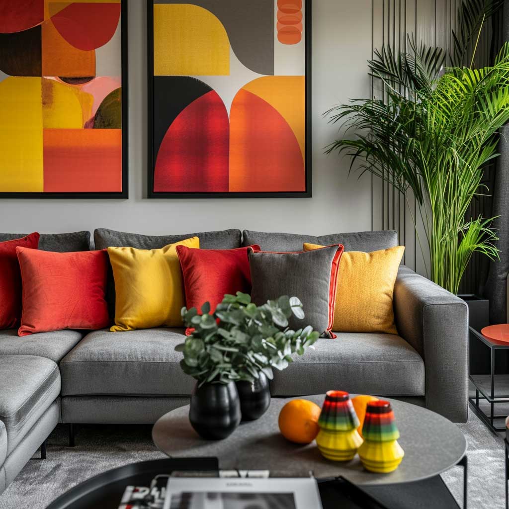 A contemporary grey living room balanced with vibrant color accents in the form of decorative pillows, artwork, and indoor plants, creating a lively yet sophisticated space.