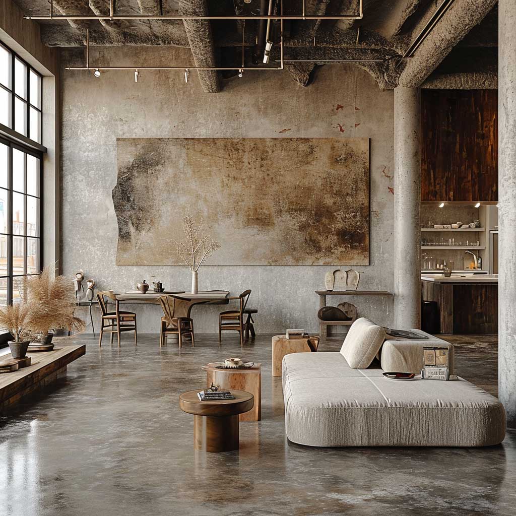 Visual depiction of an interior space demonstrating the use of innovative textures in industrial chic design, including polished concrete floors, reclaimed wood furniture, and metal accents against a backdrop of a neutral, earthy color palette.