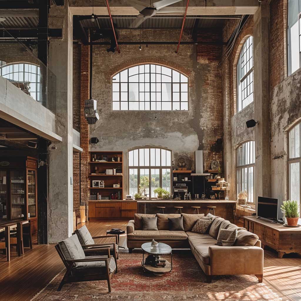 Image of a renovated loft apartment where historical architectural details are integrated with industrial chic decor, featuring high ceilings, large windows, and a mix of vintage and industrial-inspired furniture.