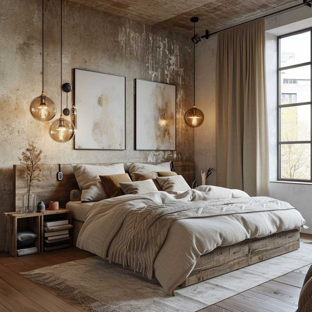 An inviting bedroom that exemplifies industrial Scandinavian interior design, with a focus on a comfortable bed, streamlined storage solutions, industrial light fixtures, and a blend of natural textures and soft textiles.
