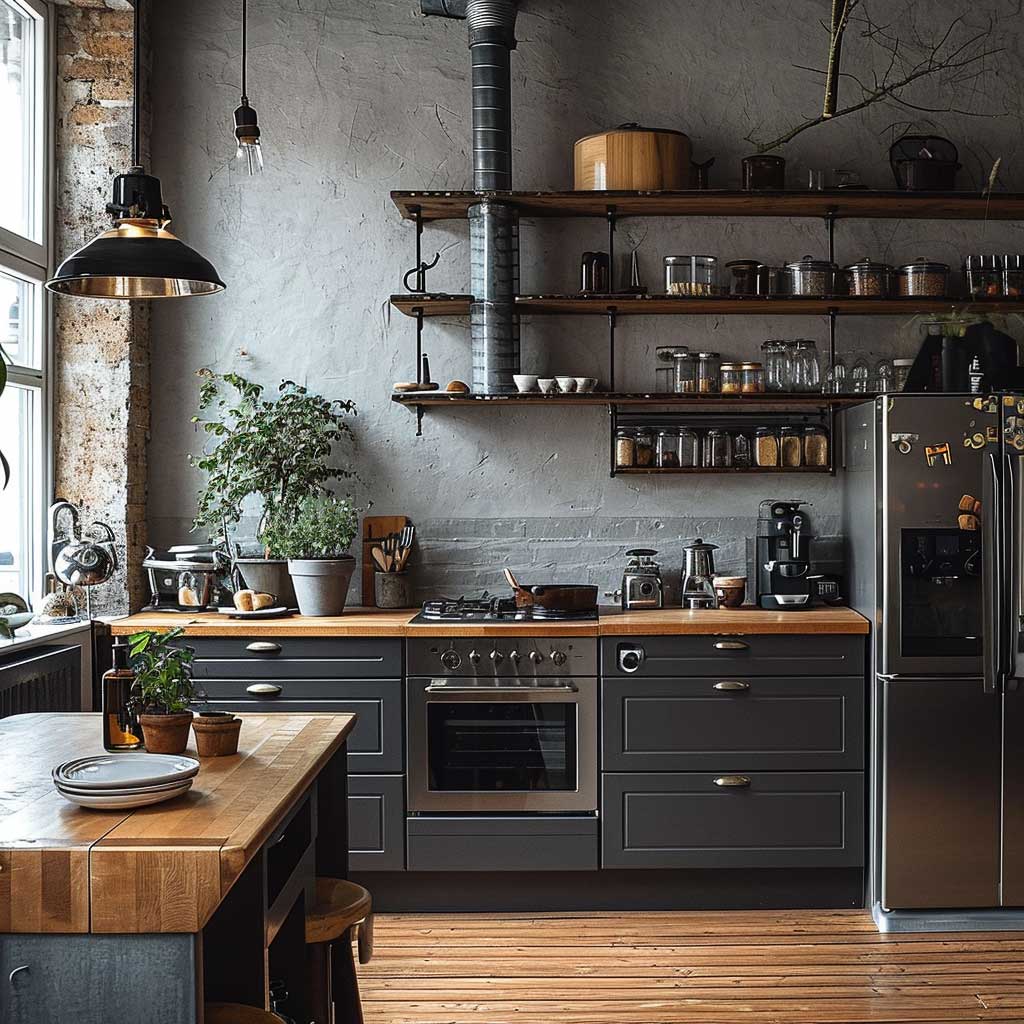 A kitchen space that beautifully blends industrial Scandinavian interior design, highlighting stainless steel appliances, open shelving, wooden countertops, and a monochromatic color scheme with natural light accentuating the room's clean lines.
